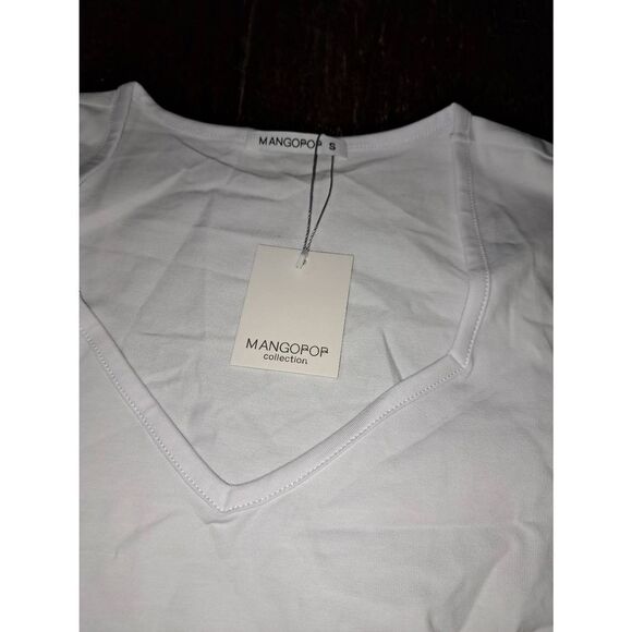 New Small Mangopop White Long Sleeve Deep VNeck Bodysuit Top Shirt One Piece NWT - Picture 7 of 7